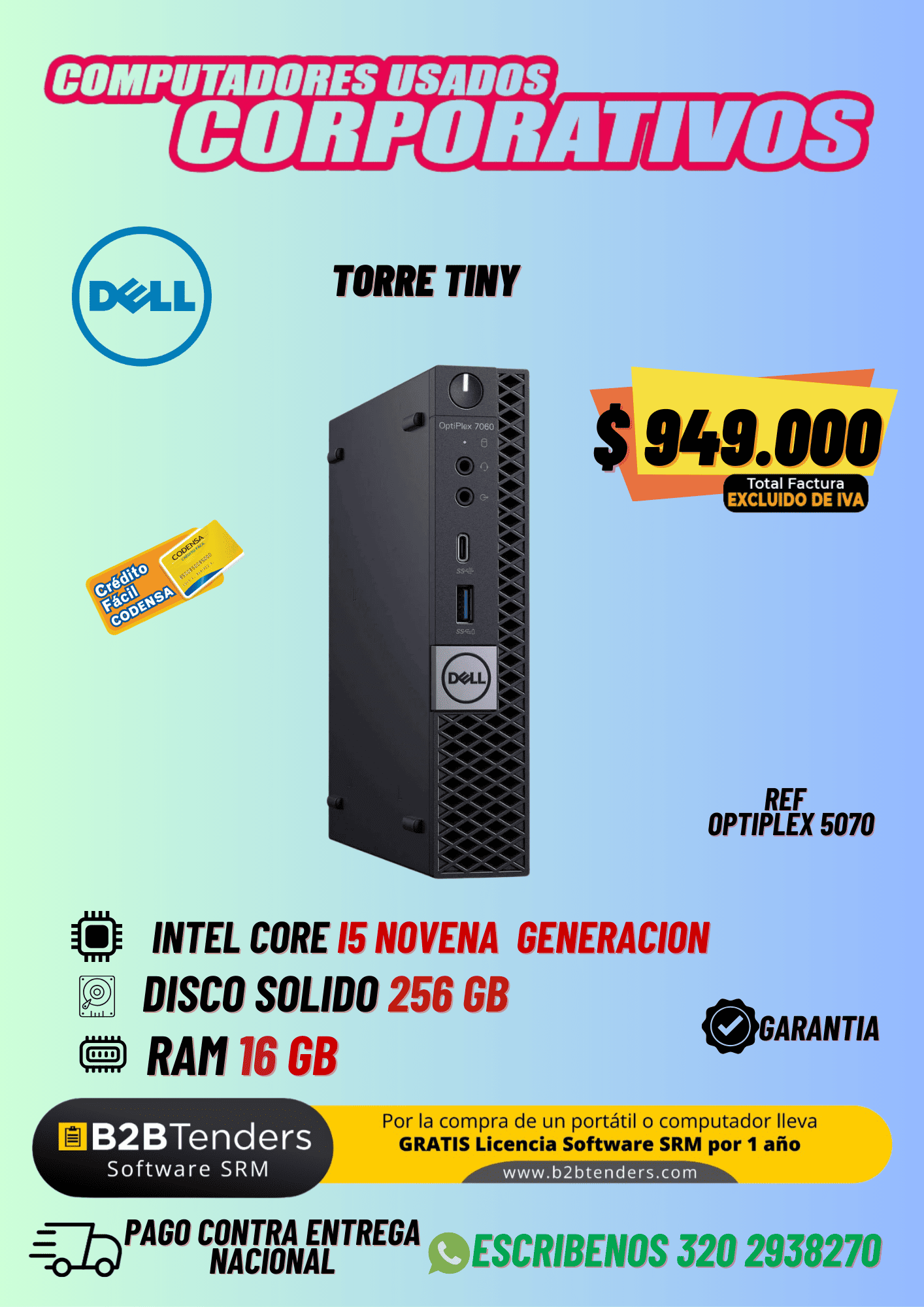 Dell OptiPlex 5070 Tiny i5 9ª Gen 16GB RAM 256GB SSD | CPU Corporativa